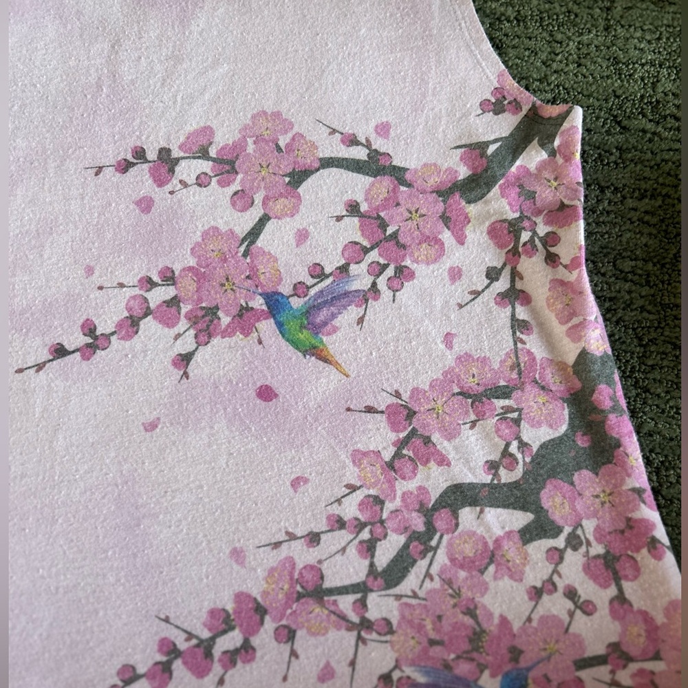 Third Eye Threads Crystal Infused Cherry Blossom w/Hummingbird Boyfriend Tank